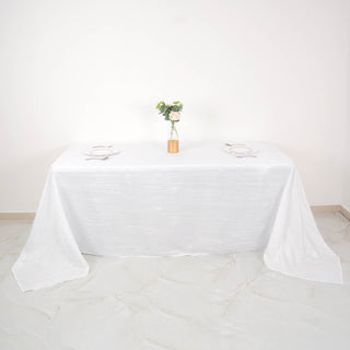 Elevate Your Event with the Stunning 90"x132" White Accordion Crinkle Taffeta Seamless Rectangular Tablecloth