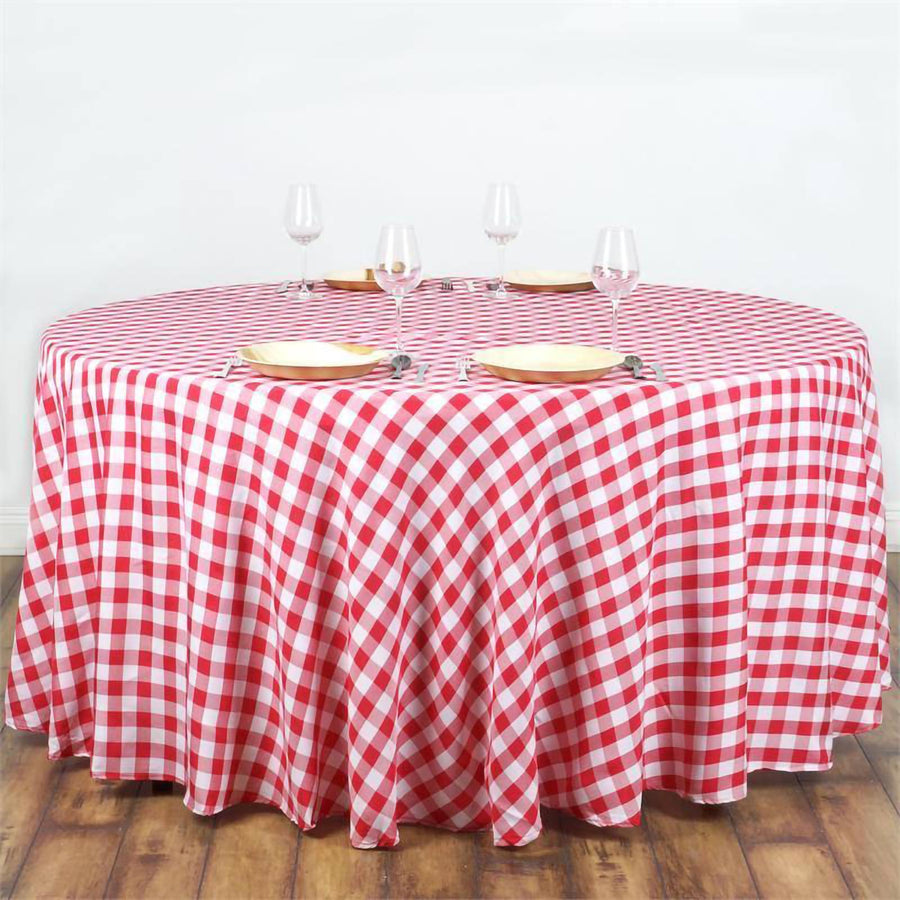 Buffalo Plaid Tablecloth | 108 Round | White/Red | Checkered Gingham Polyester Tablecloth