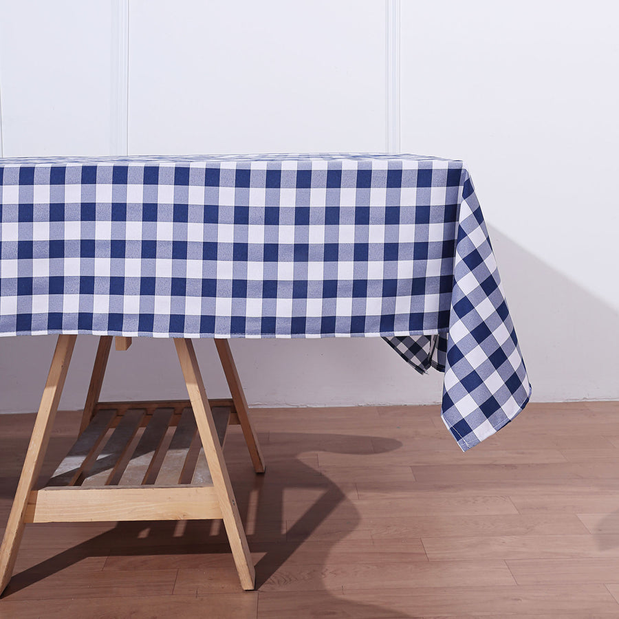 Buffalo Plaid Tablecloth | 60"x102" Rectangular | White/Navy Blue | Checkered Polyester Linen Tablecloth