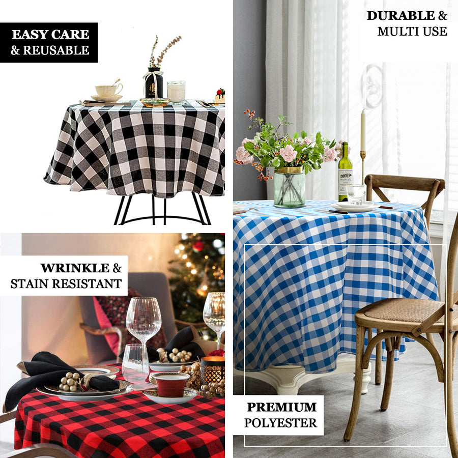 Buffalo Plaid Tablecloth | 90" Round | White/Navy Blue | Checkered Polyester Tablecloth