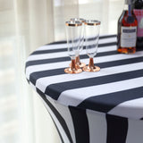 Black and White Striped Spandex Stretch Fitted Cocktail Tablecloth - 160GSM
