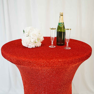 Add Glamour to Your Event with the Red Metallic Shiny Glittered Spandex Cocktail Table Cover
