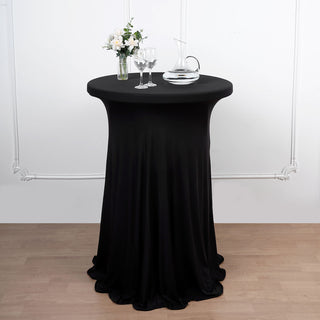 Black Round Spandex Cocktail Table Cover With Natural Wavy Drapes