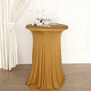 Elevate Your Event with the Gold Round Spandex Cocktail Table Cover