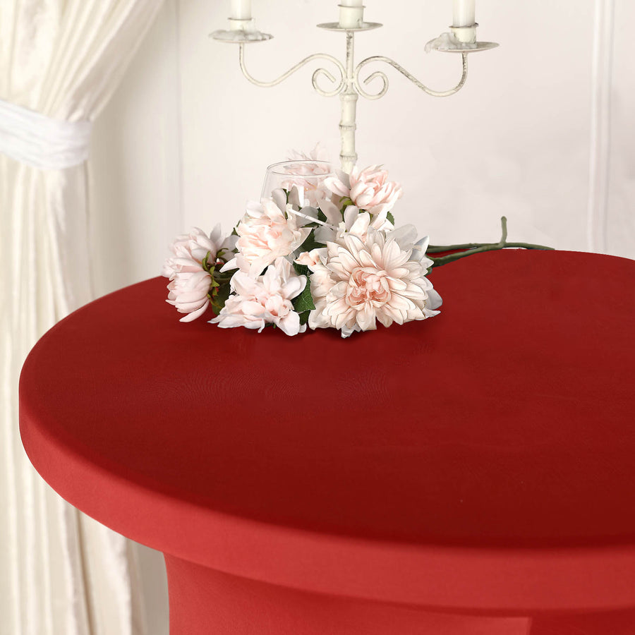 Red Round Heavy Duty Spandex Cocktail Table Cover With Natural Wavy Drapes