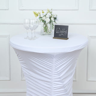 Professional-Grade White Rouched Pleated Spandex Cocktail Table Cover