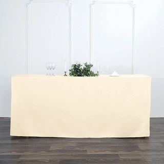 Elevate Your Event Decor with the 6ft Ivory Fitted Polyester Rectangular Table Cover