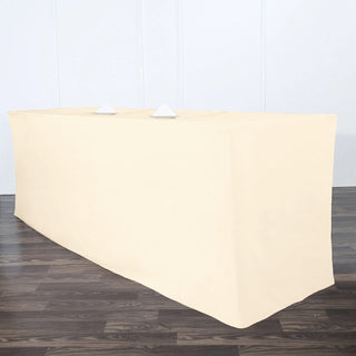 Elevate Your Event Decor with the 8ft Beige Fitted Polyester Rectangular Table Cover