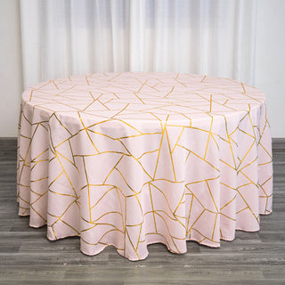 Elegant Blush: 120" Blush Seamless Round Polyester Tablecloth With Gold Foil Geometric Pattern