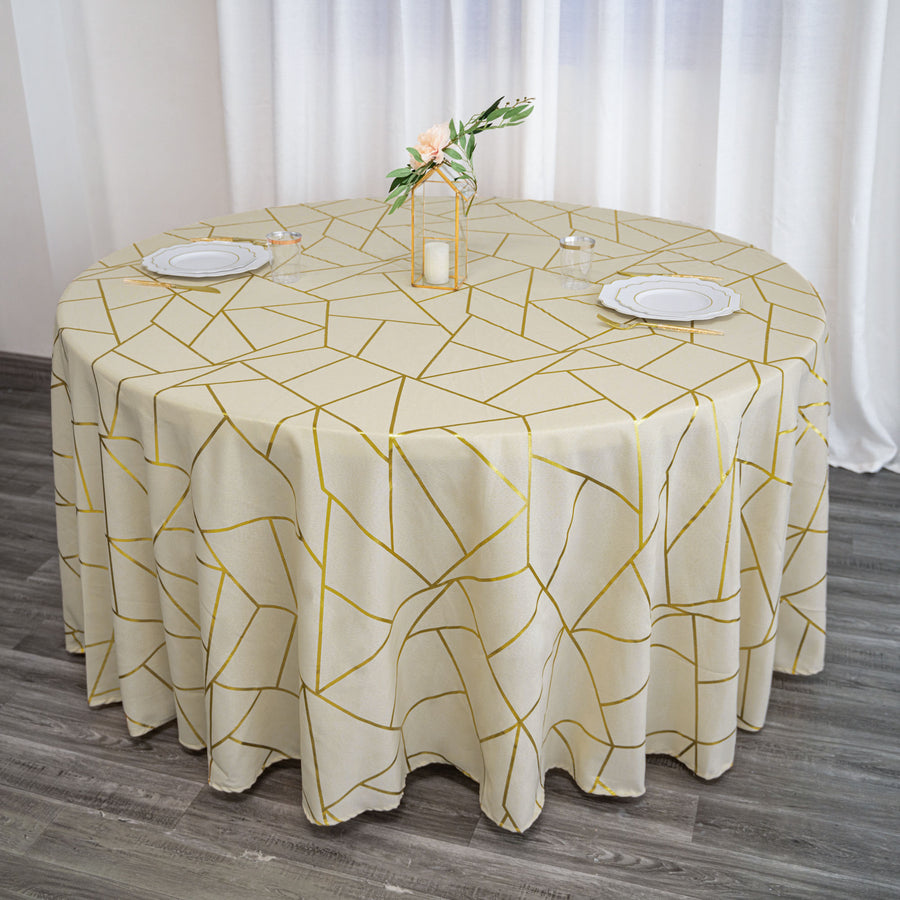 120inch Beige Round Polyester Tablecloth With Gold Foil Geometric Pattern