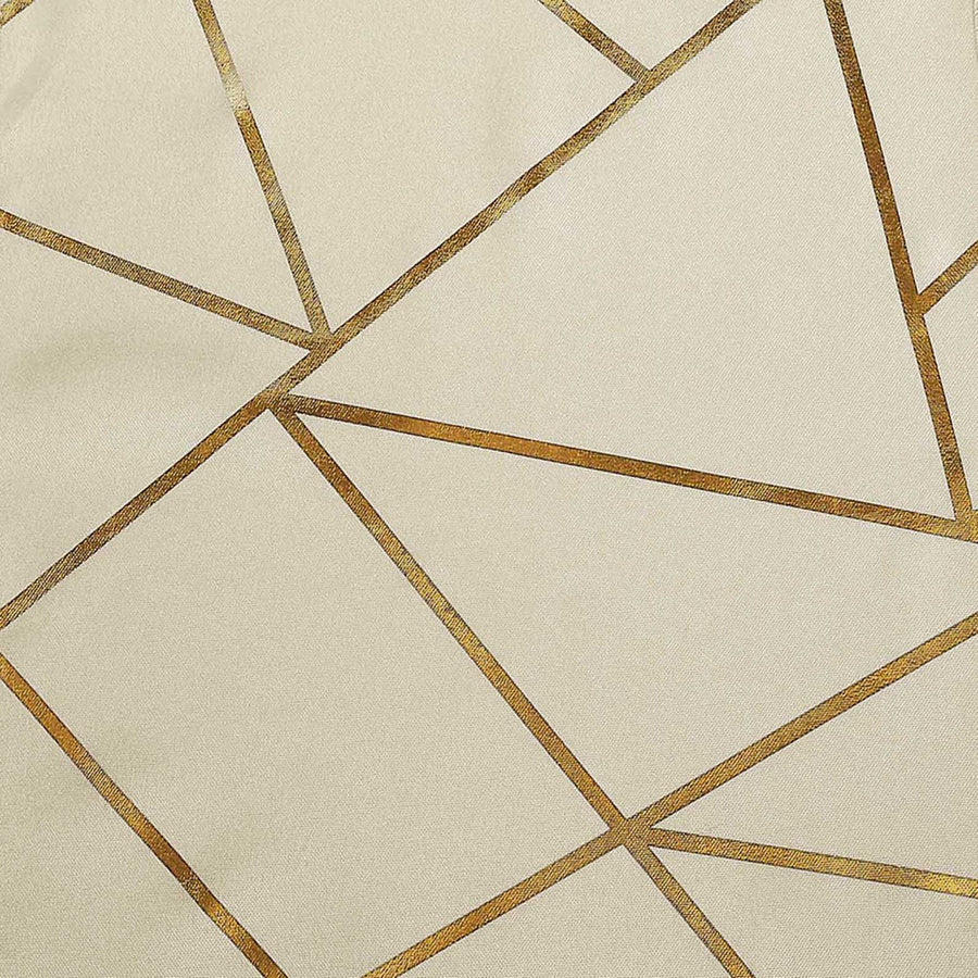 120inch Beige Round Polyester Tablecloth With Gold Foil Geometric Pattern#whtbkgd