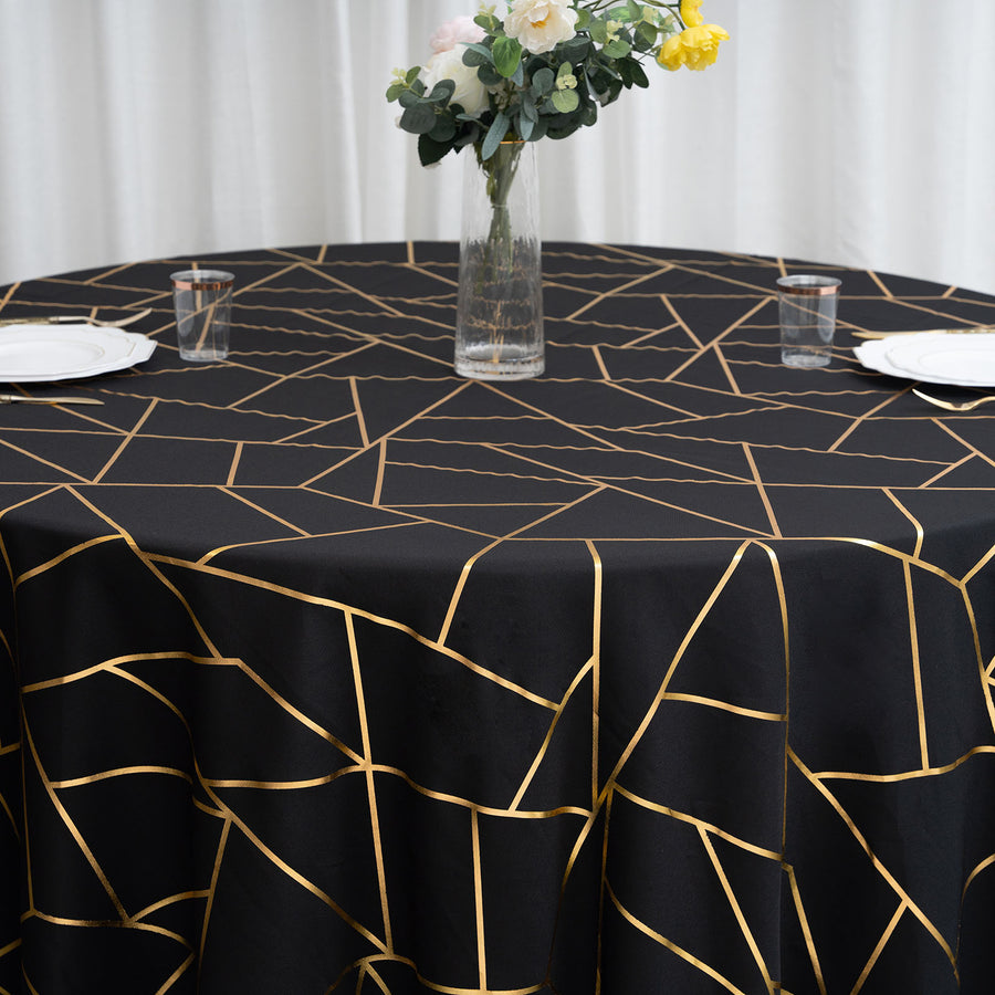 120inch Black Round Polyester Tablecloth With Gold Foil Geometric Pattern