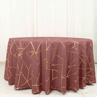 120" Cinnamon Rose Seamless Round Polyester Tablecloth With Gold Foil Geometric Pattern