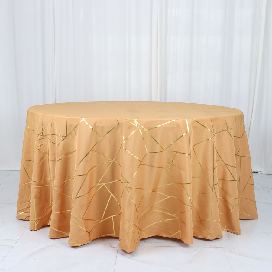 120inch Gold Round Polyester Tablecloth With Gold Foil Geometric Pattern