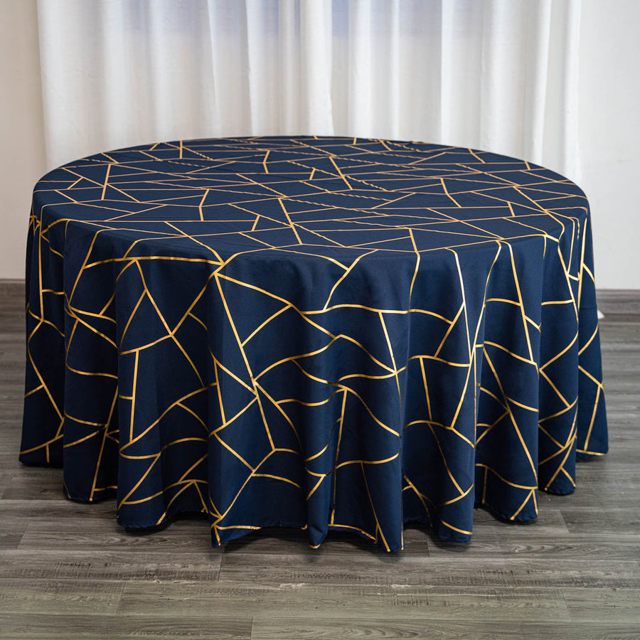 120inch Navy Blue Round Polyester Tablecloth With Gold Foil Geometric Pattern