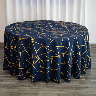 Navy Blue Round Polyester Tablecloth with Gold Foil Geometric Pattern