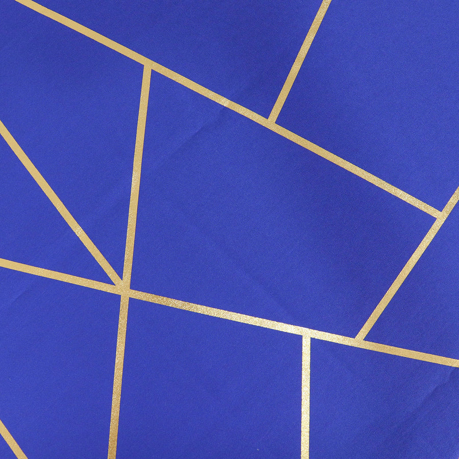 120inch Royal Blue Round Polyester Tablecloth With Gold Foil Geometric Pattern#whtbkgd