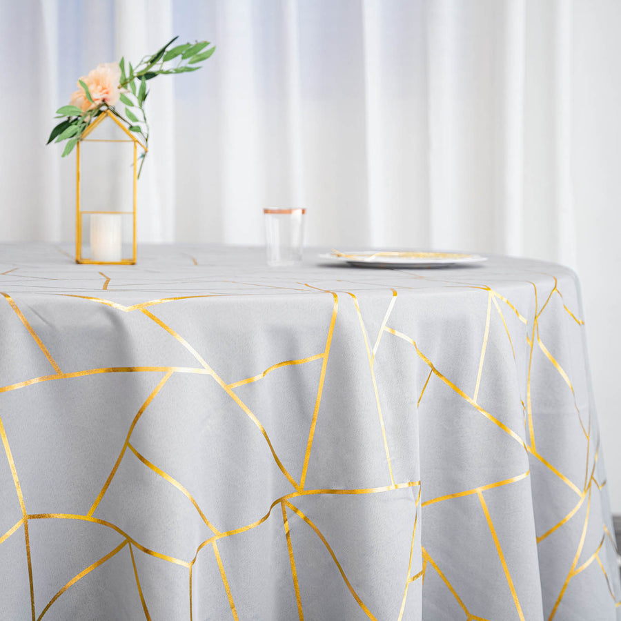120inch Silver Round Polyester Tablecloth With Gold Foil Geometric Pattern