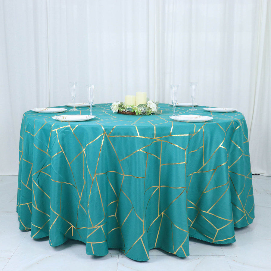 120inch Teal Round Polyester Tablecloth With Gold Foil Geometric Pattern