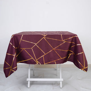 Burgundy Seamless Polyester Square Tablecloth With Gold Foil Geometric Pattern