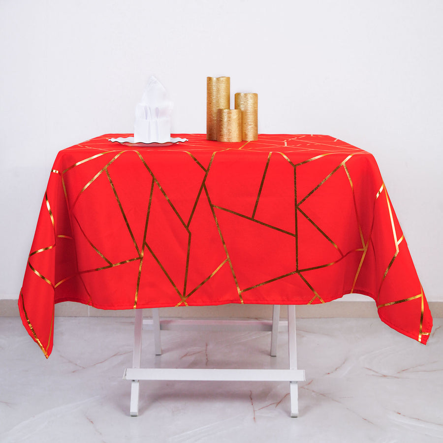 54inch x 54inch Red Polyester Square Overlay With Gold Foil Geometric Pattern