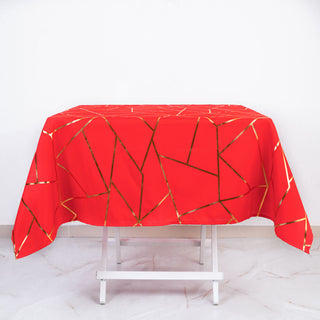 Elegant Red Polyester Square Tablecloth with Gold Foil Geometric Pattern