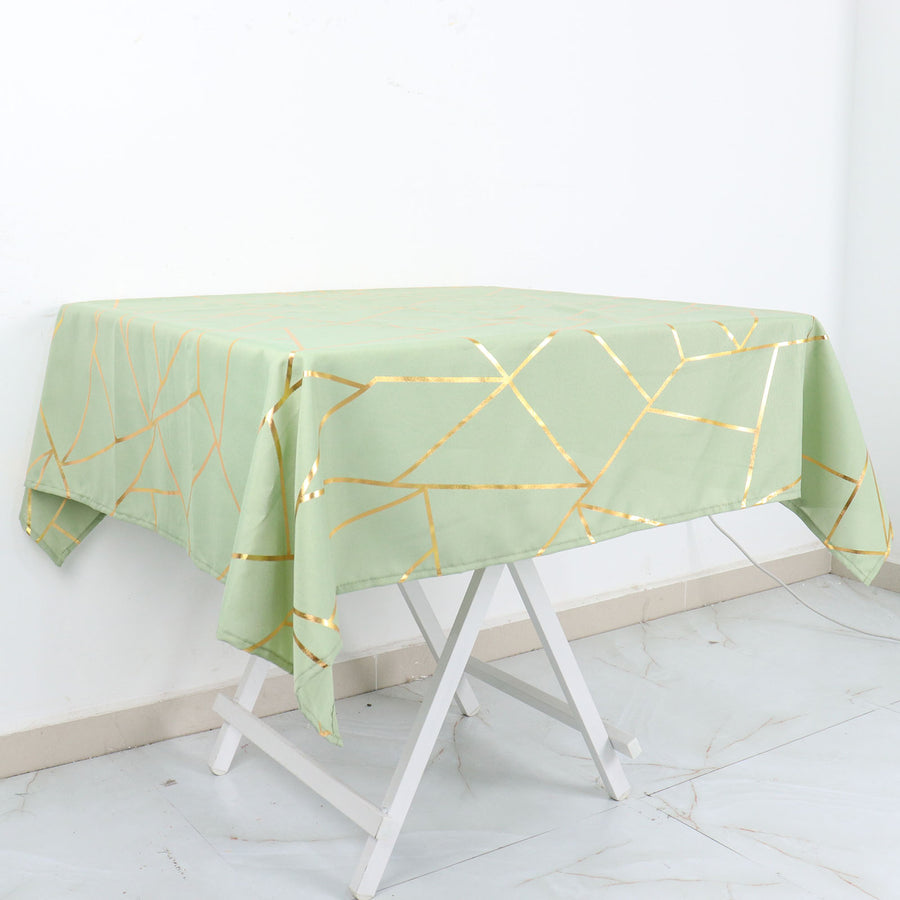 54inch x 54inch Sage Green Polyester Square Tablecloth With Gold Foil Geometric Pattern