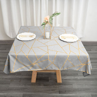 Elegant Silver Square Tablecloth with Gold Foil Geometric Pattern