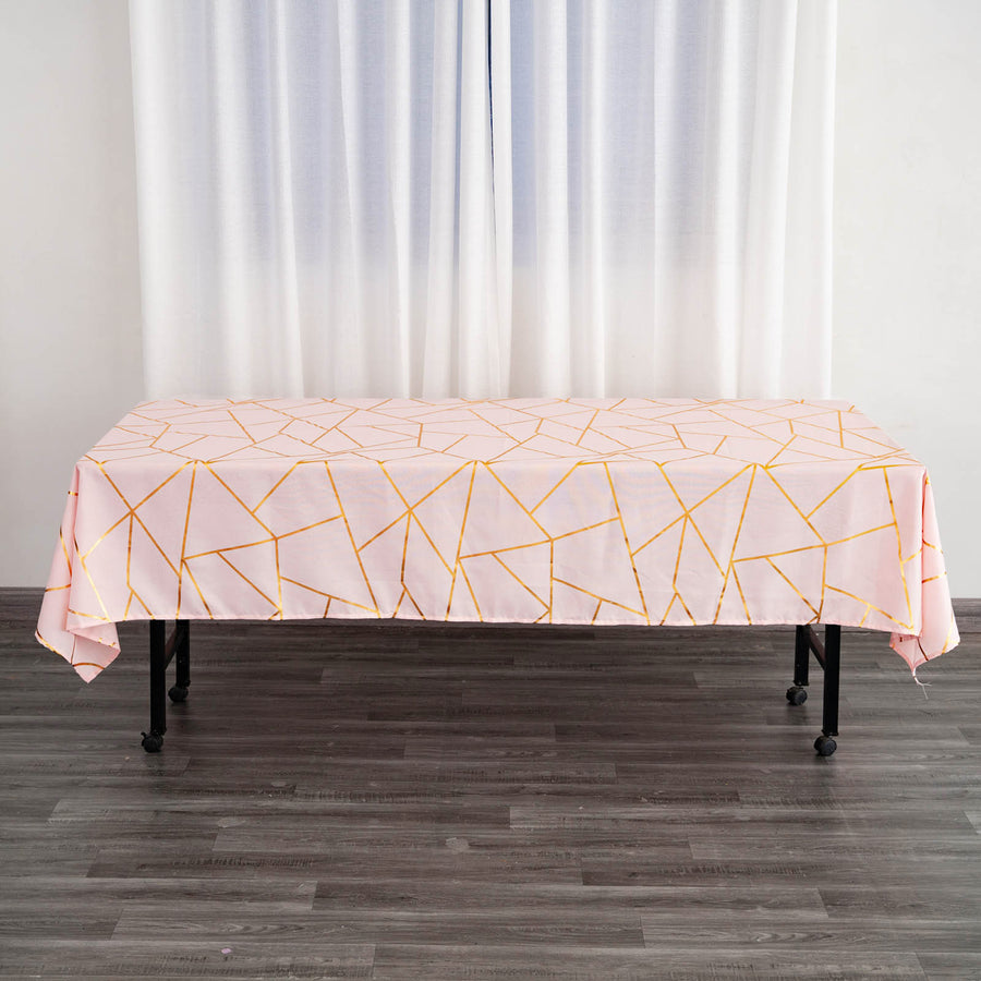 60inch x 102inch Blush/Rose Gold Rectangle Polyester Tablecloth With Gold Foil Geometric Pattern