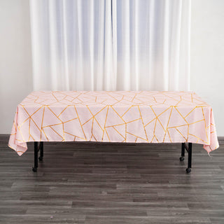 Blush Pink Polyester Tablecloth with Gold Foil Geometric Pattern