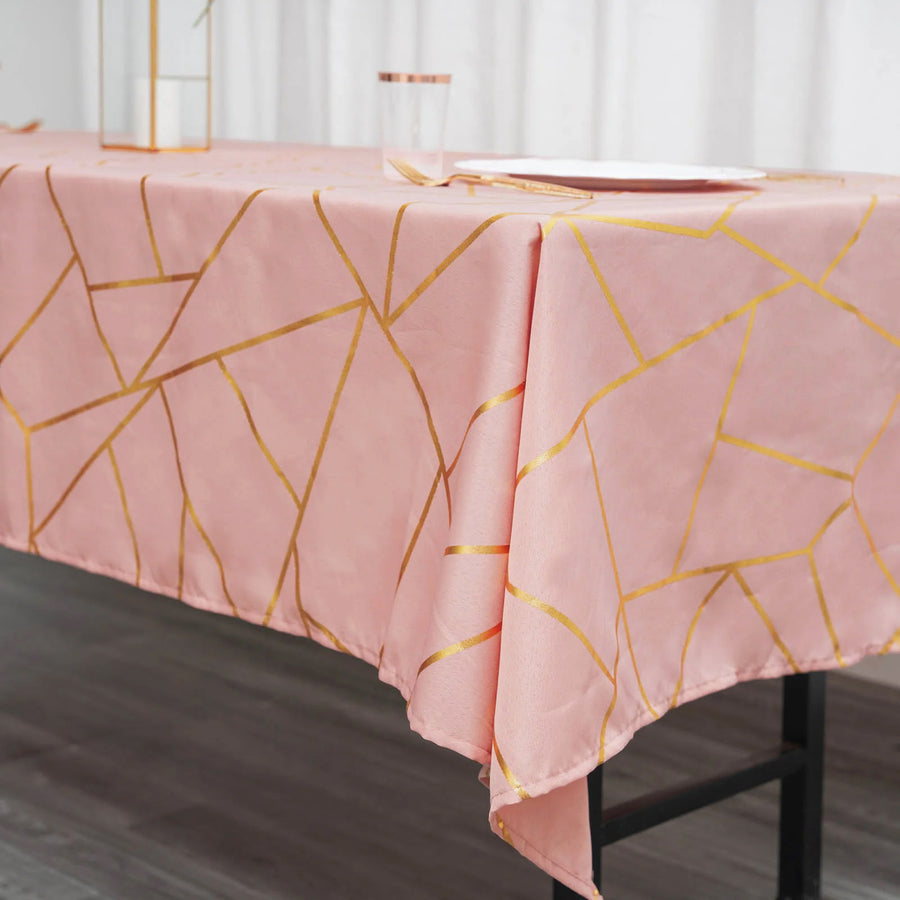 60inch x 102inch Dusty Rose Rectangle Polyester Tablecloth With Gold Foil Geometric Pattern