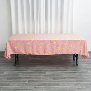 Dusty Rose Polyester Tablecloth with Gold Foil Geometric Pattern