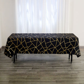 Black Seamless Rectangle Polyester Tablecloth With Gold Foil Geometric Pattern