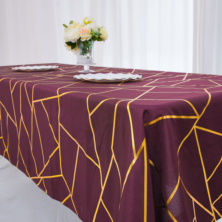 60inch x 102inch Burgundy Rectangle Polyester Tablecloth With Gold Foil Geometric Pattern
