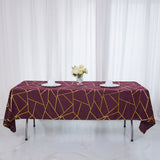 60inch x 102inch Burgundy Rectangle Polyester Tablecloth With Gold Foil Geometric Pattern