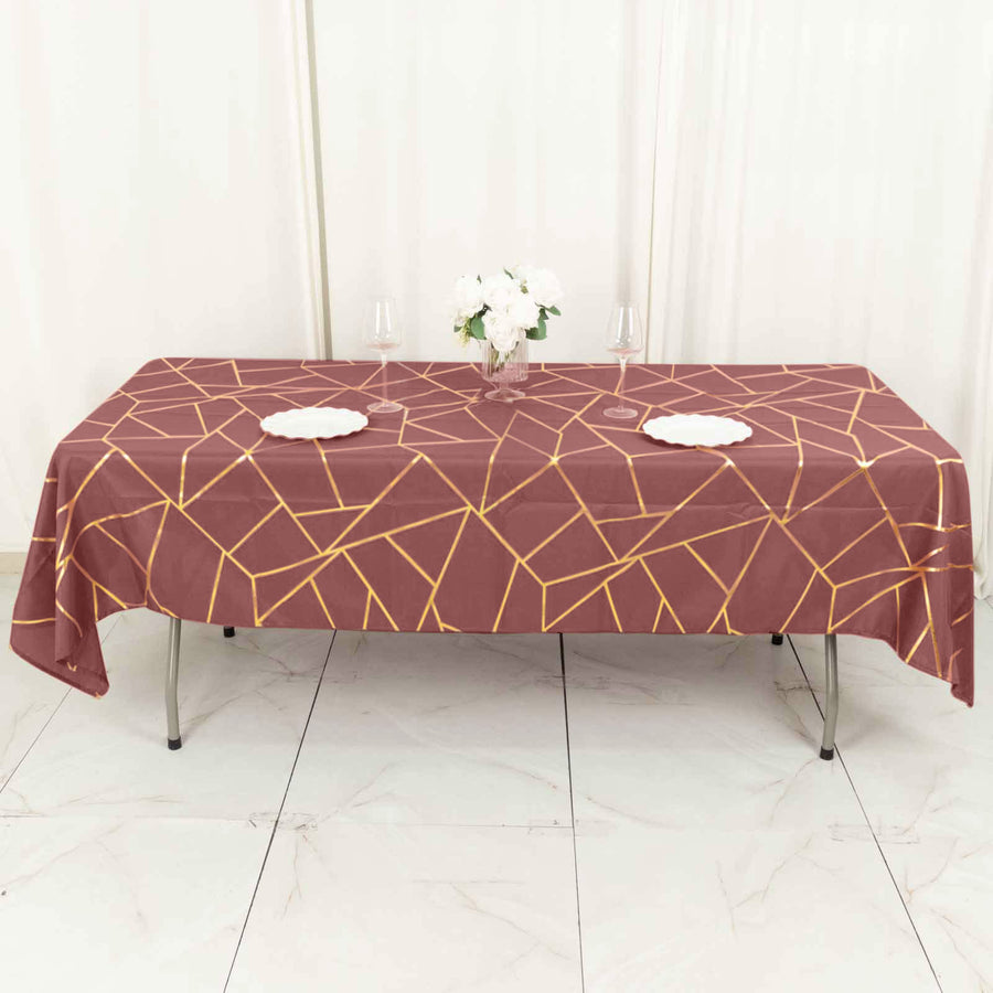 60x102inch Cinnamon Rose Polyester Rectangle Tablecloth With Gold Foil Geometric Pattern