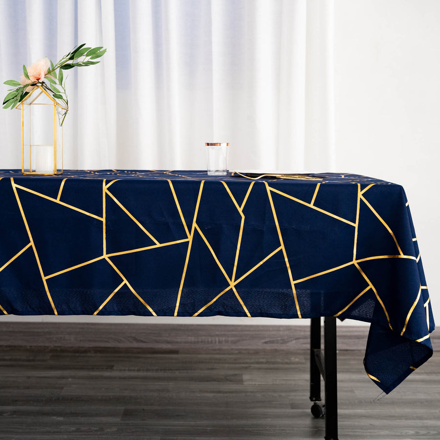 60inch x 102inch Navy Blue Rectangle Polyester Tablecloth With Gold Foil Geometric Pattern
