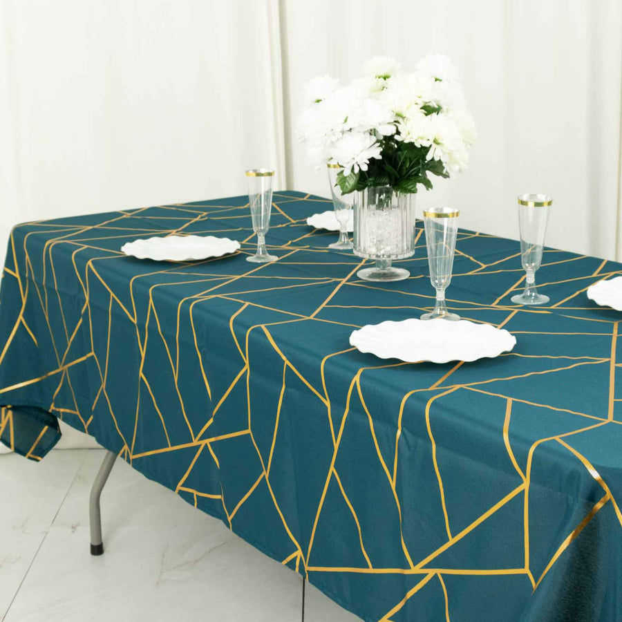 60x102inch Peacock Teal Rectangle Polyester Tablecloth With Gold Foil Geometric Pattern
