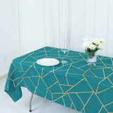 60Inchx102Inch Peacock Teal Rectangle Polyester Tablecloth With Gold Foil Geometric Pattern
