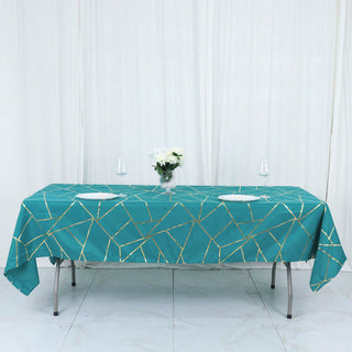 Teal Seamless Rectangle Polyester Tablecloth With Gold Foil Geometric Pattern