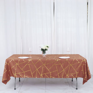 Terracotta (Rust) Rectangle Polyester Tablecloth with Gold Foil Geometric Pattern