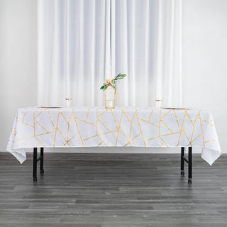 Elegant White Polyester Tablecloth with Gold Foil Geometric Pattern