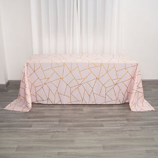 Blush Rectangle Polyester Tablecloth with Gold Foil Geometric Pattern