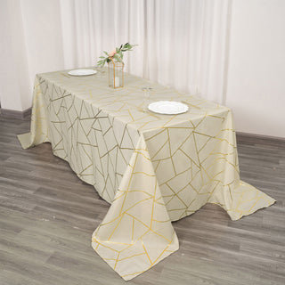 Beige Polyester Tablecloth with Gold Foil Geometric Pattern