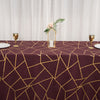 90inch x132inch Burgundy Rectangle Polyester Tablecloth With Gold Foil Geometric Pattern