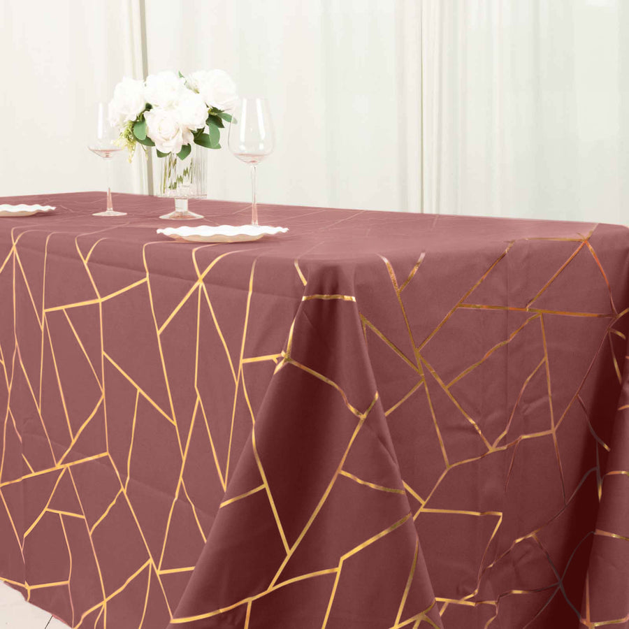 90x132inch Cinnamon Rose Rectangle Polyester Tablecloth With Gold Foil Geometric Pattern