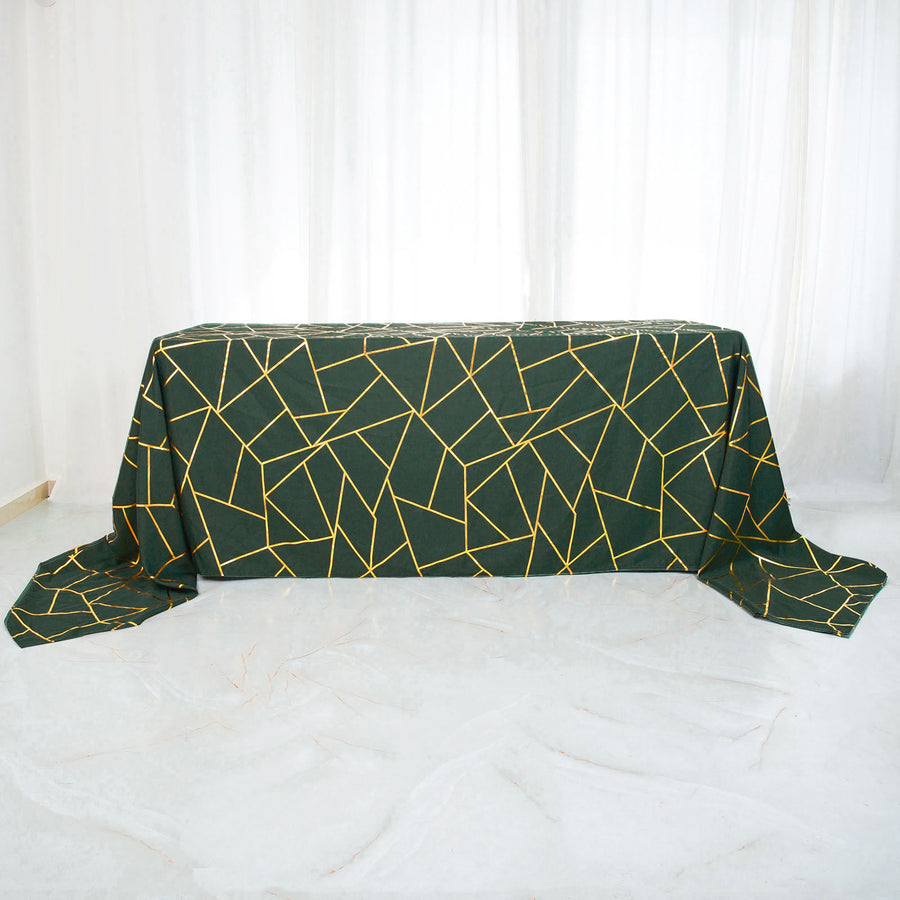 90inch x 132inch Emerald Green Rectangle Polyester Tablecloth With Gold Foil Geometric Pattern