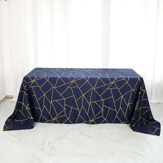 Navy Blue Polyester Tablecloth with Gold Foil Geometric Pattern