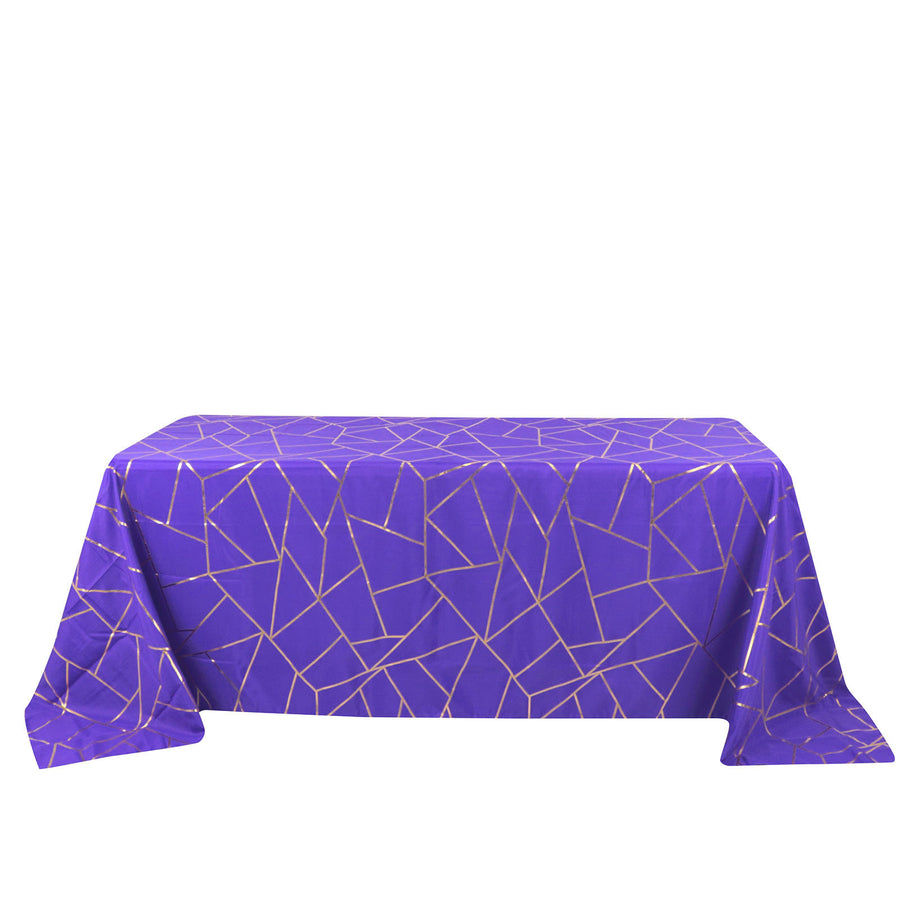 90Inchx132Inch Purple Rectangle Polyester Tablecloth With Gold Foil Geometric Pattern