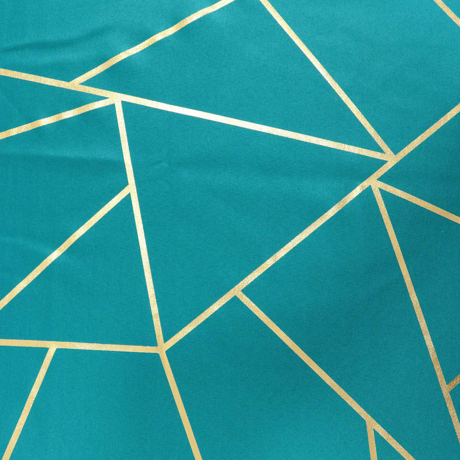 90x132Inch Teal Rectangle Polyester Tablecloth With Gold Foil Geometric Pattern#whtbkgd